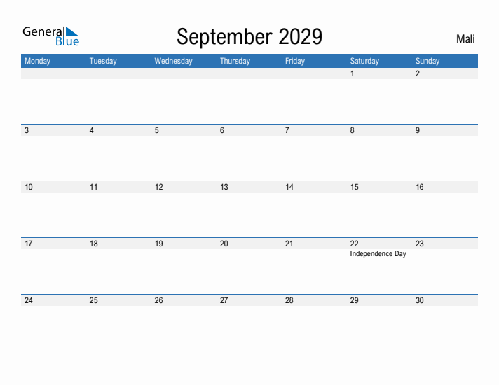Fillable September 2029 Calendar