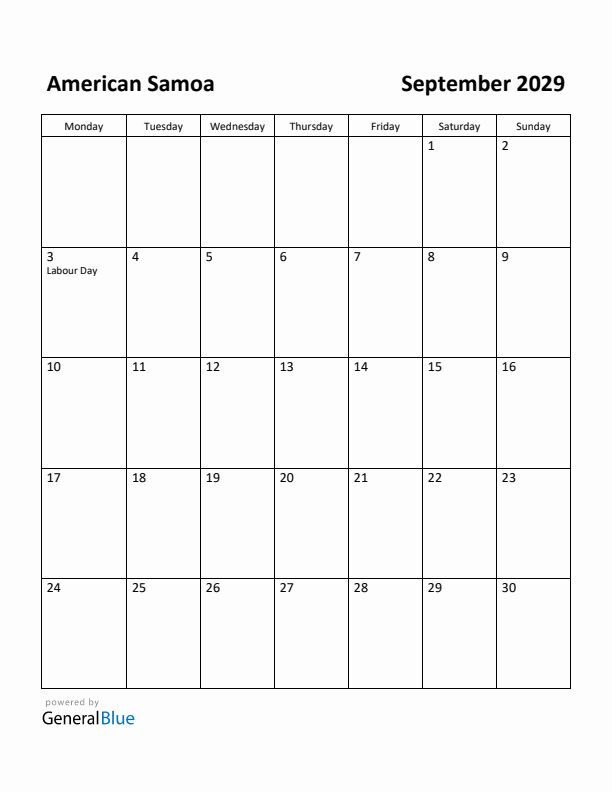 September 2029 Calendar with American Samoa Holidays