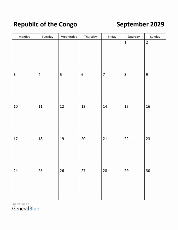 September 2029 Calendar with Republic of the Congo Holidays