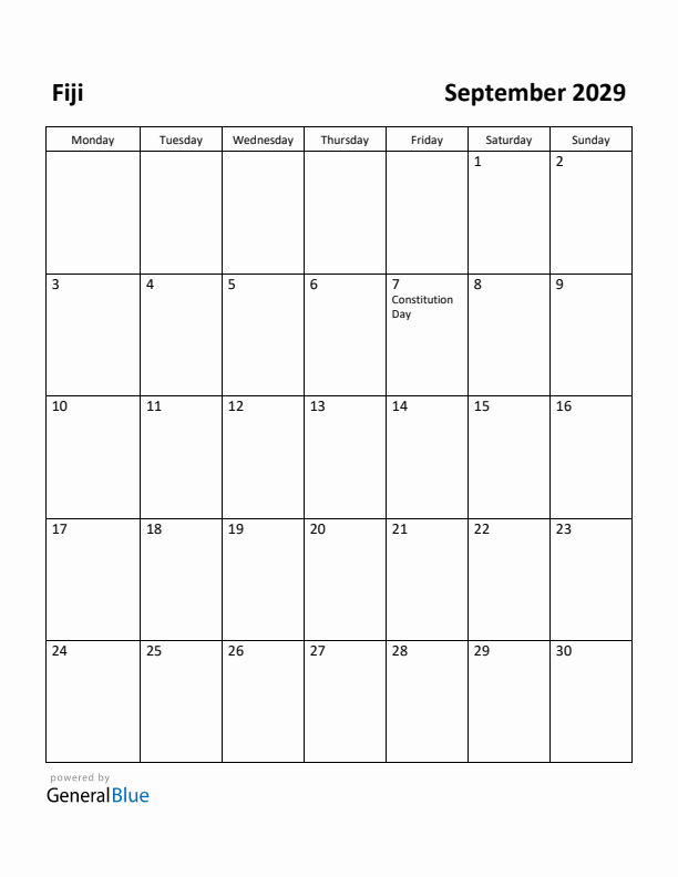 September 2029 Calendar with Fiji Holidays