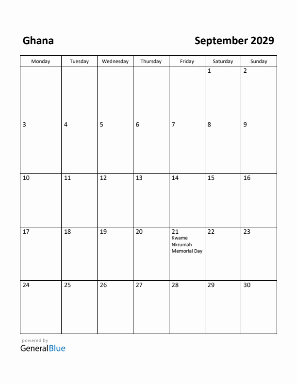 September 2029 Calendar with Ghana Holidays