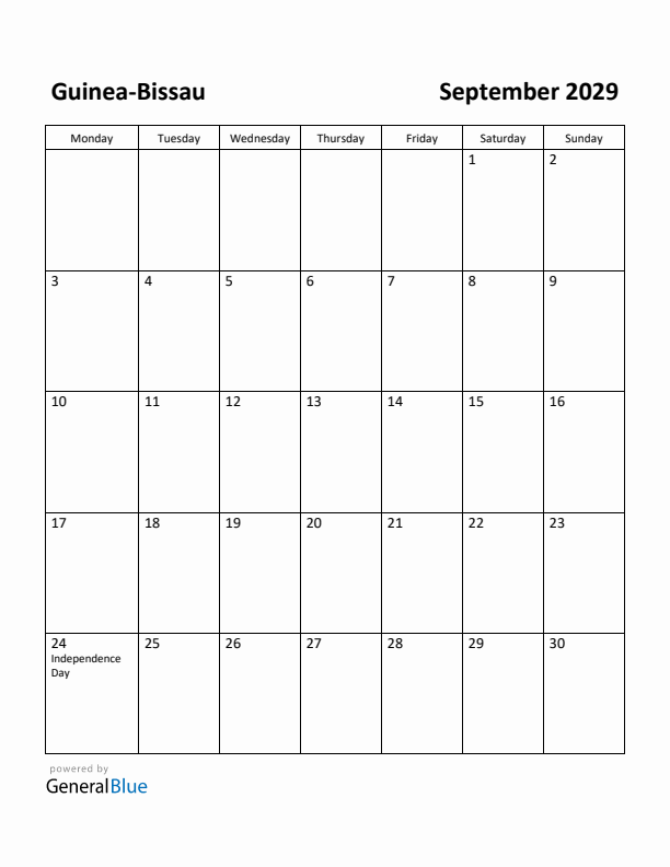 September 2029 Calendar with Guinea-Bissau Holidays