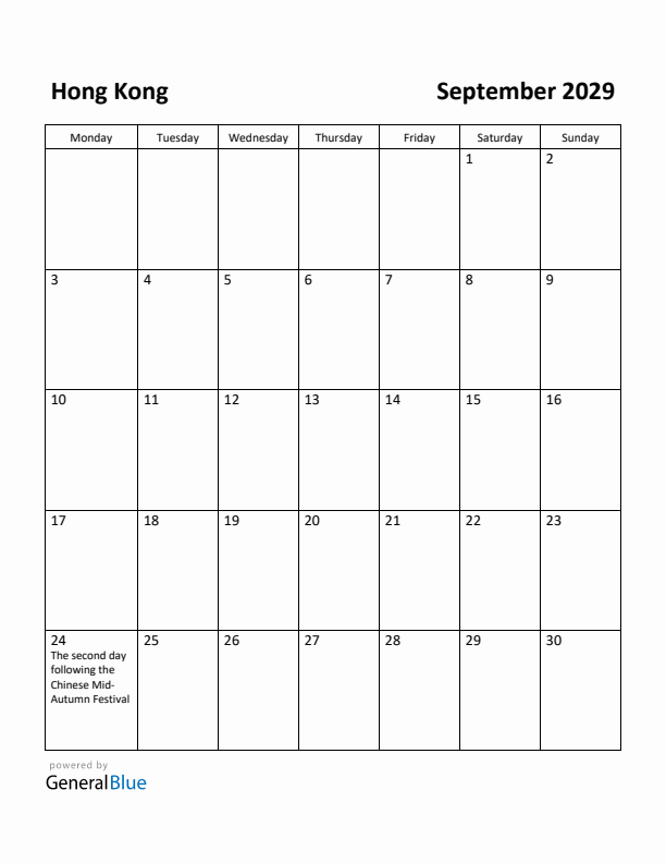 September 2029 Calendar with Hong Kong Holidays