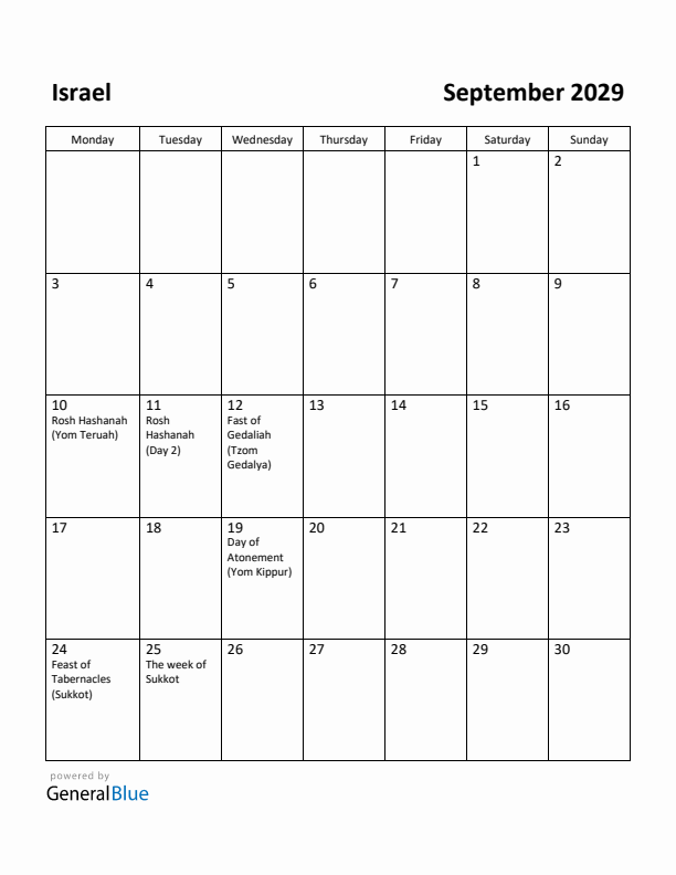 September 2029 Calendar with Israel Holidays