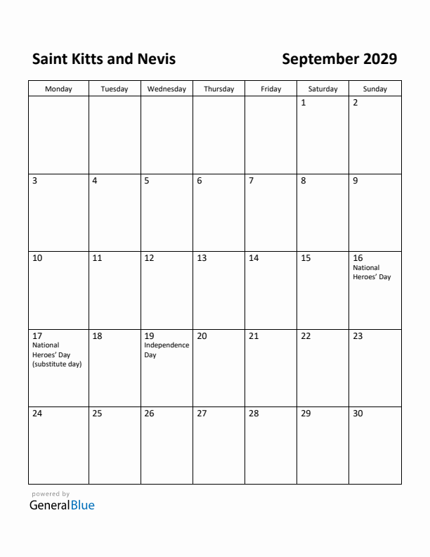September 2029 Calendar with Saint Kitts and Nevis Holidays