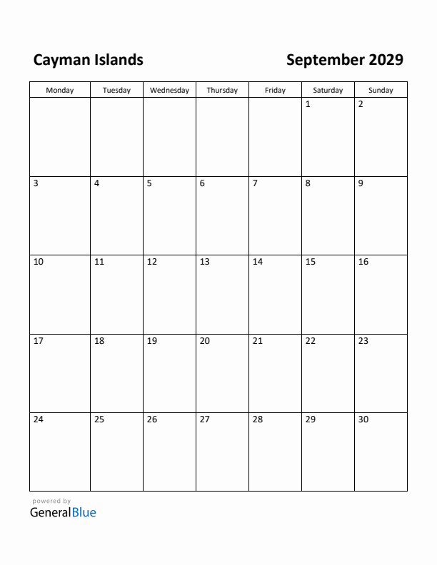 September 2029 Calendar with Cayman Islands Holidays