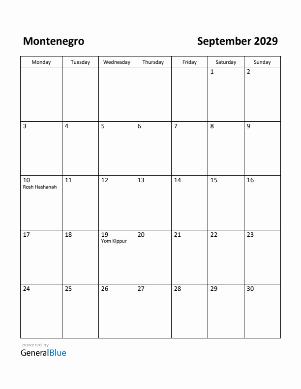 September 2029 Calendar with Montenegro Holidays