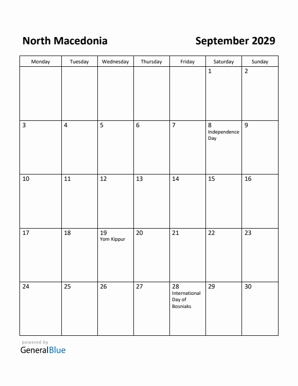 September 2029 Calendar with North Macedonia Holidays