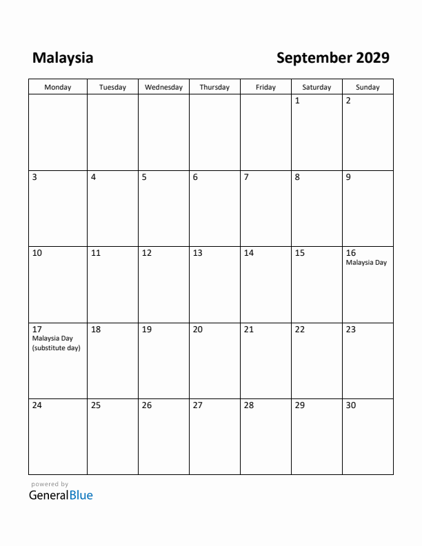 September 2029 Calendar with Malaysia Holidays
