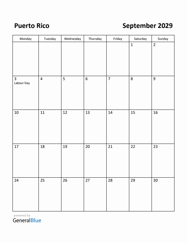 September 2029 Calendar with Puerto Rico Holidays