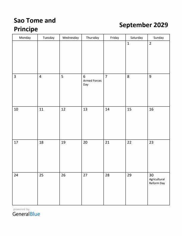 September 2029 Calendar with Sao Tome and Principe Holidays