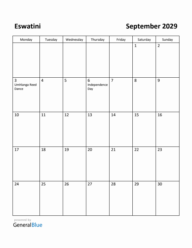 September 2029 Calendar with Eswatini Holidays