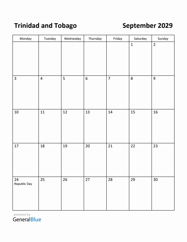 September 2029 Calendar with Trinidad and Tobago Holidays