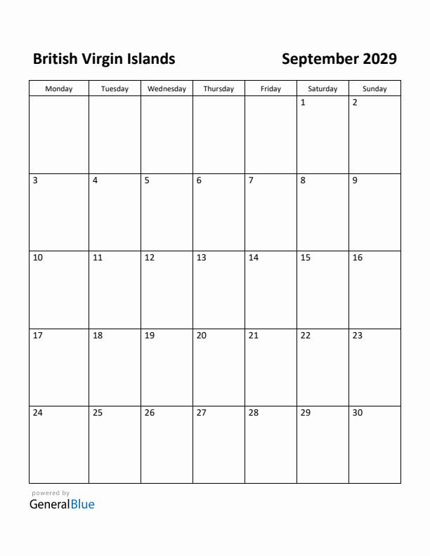 September 2029 Calendar with British Virgin Islands Holidays