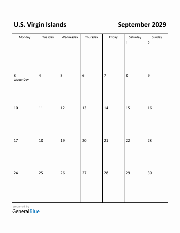 September 2029 Calendar with U.S. Virgin Islands Holidays
