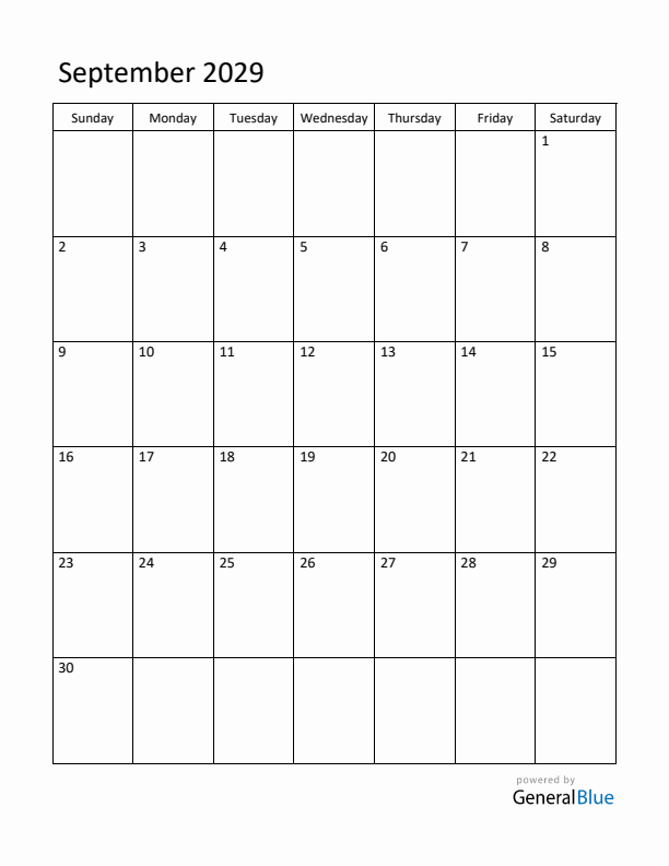 Sunday Start Calendar for September 2029