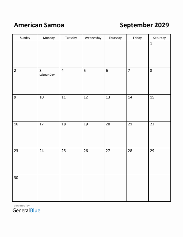 September 2029 Calendar with American Samoa Holidays