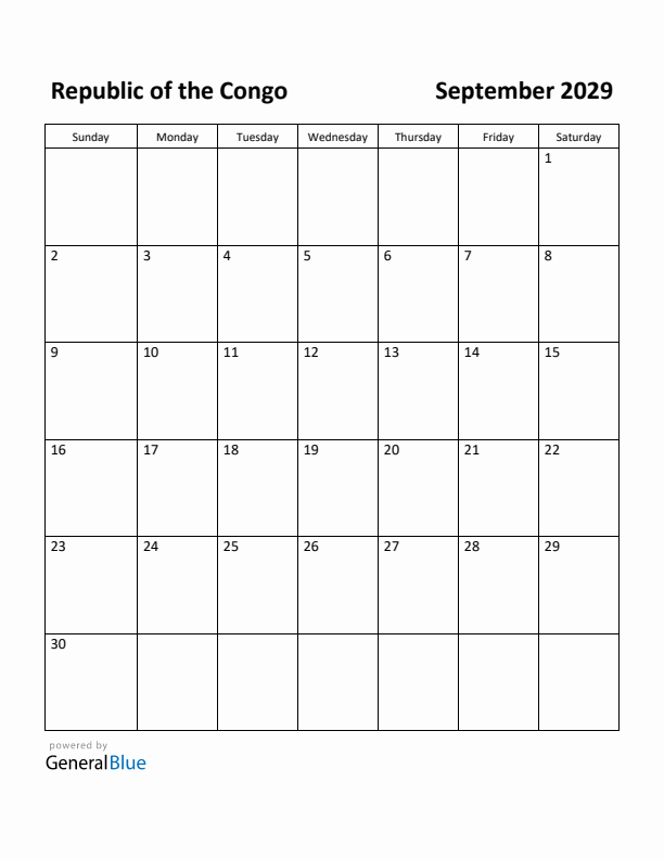 September 2029 Calendar with Republic of the Congo Holidays