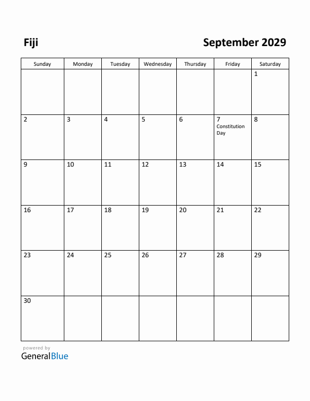 September 2029 Calendar with Fiji Holidays