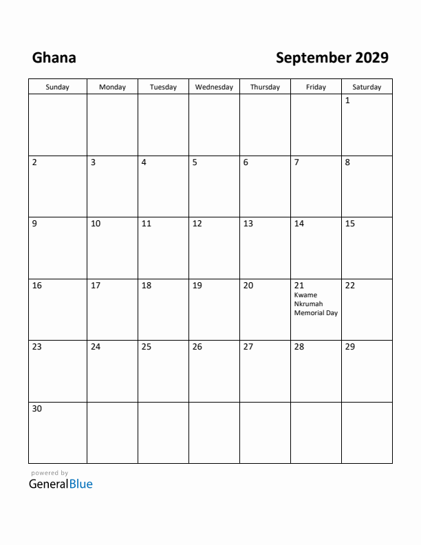 September 2029 Calendar with Ghana Holidays