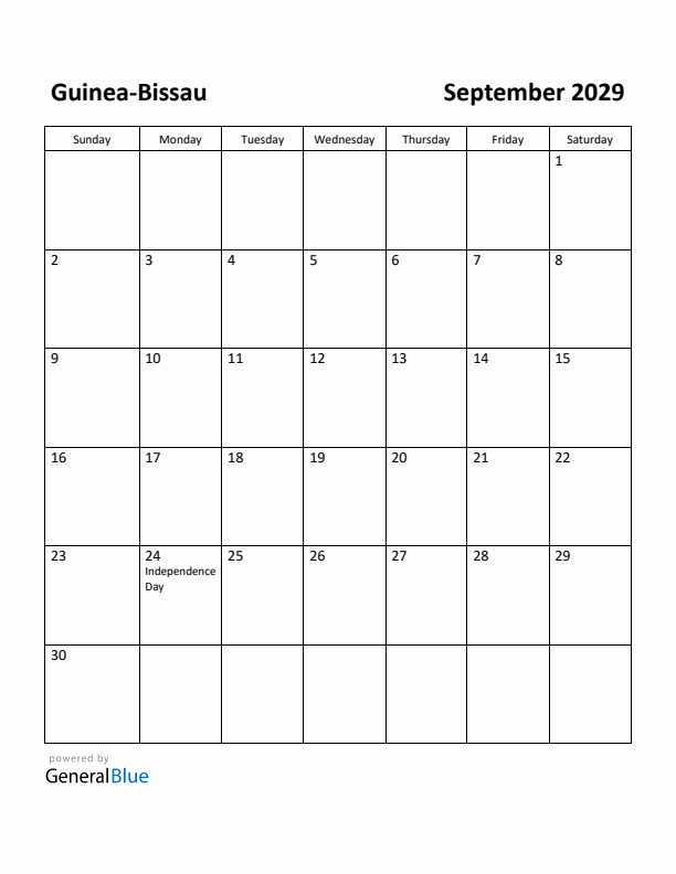 September 2029 Calendar with Guinea-Bissau Holidays