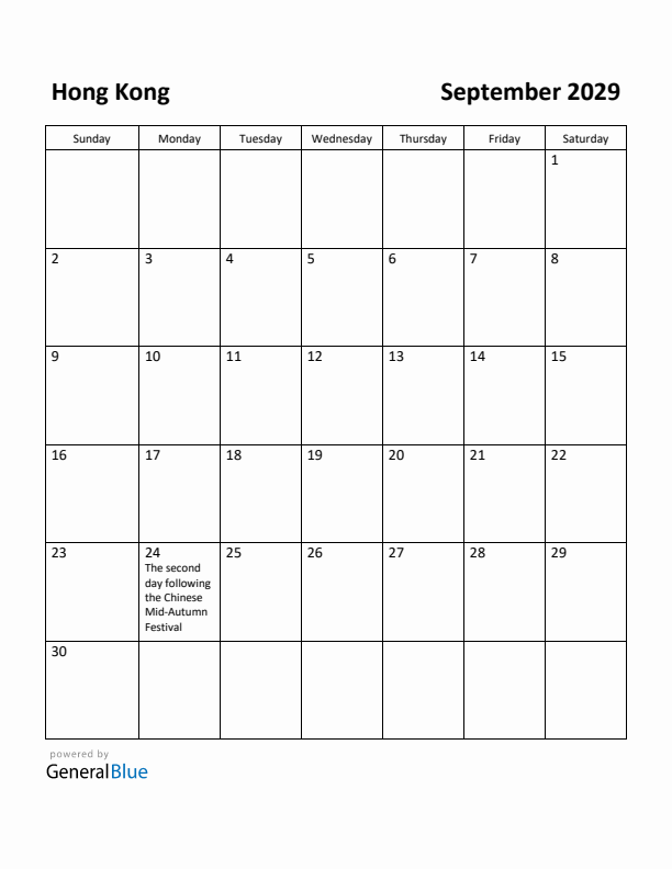 September 2029 Calendar with Hong Kong Holidays