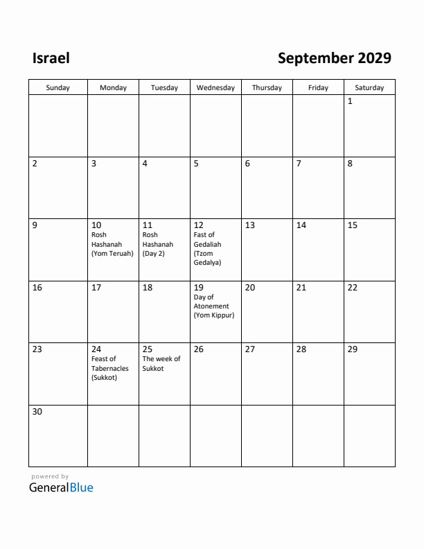 September 2029 Calendar with Israel Holidays