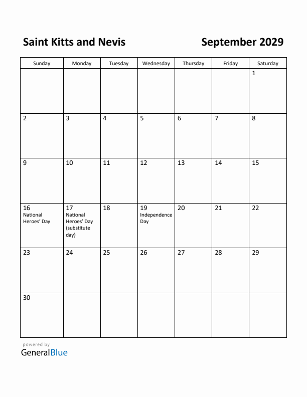 September 2029 Calendar with Saint Kitts and Nevis Holidays