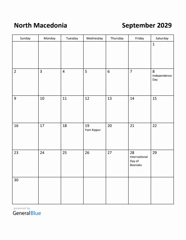 September 2029 Calendar with North Macedonia Holidays