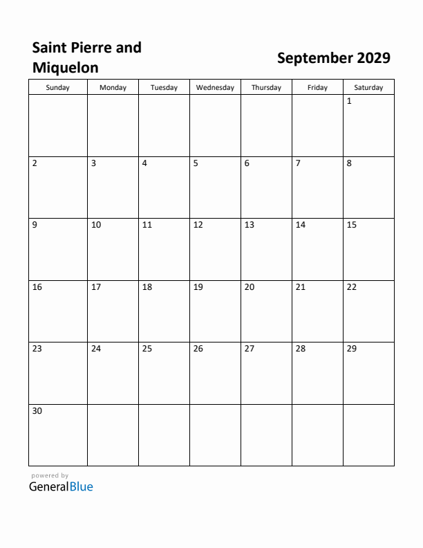 September 2029 Calendar with Saint Pierre and Miquelon Holidays