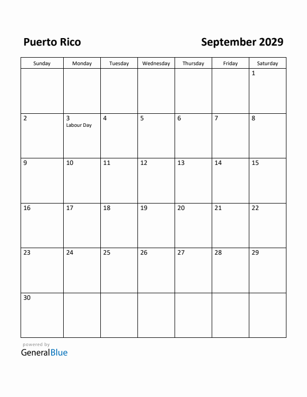 September 2029 Calendar with Puerto Rico Holidays
