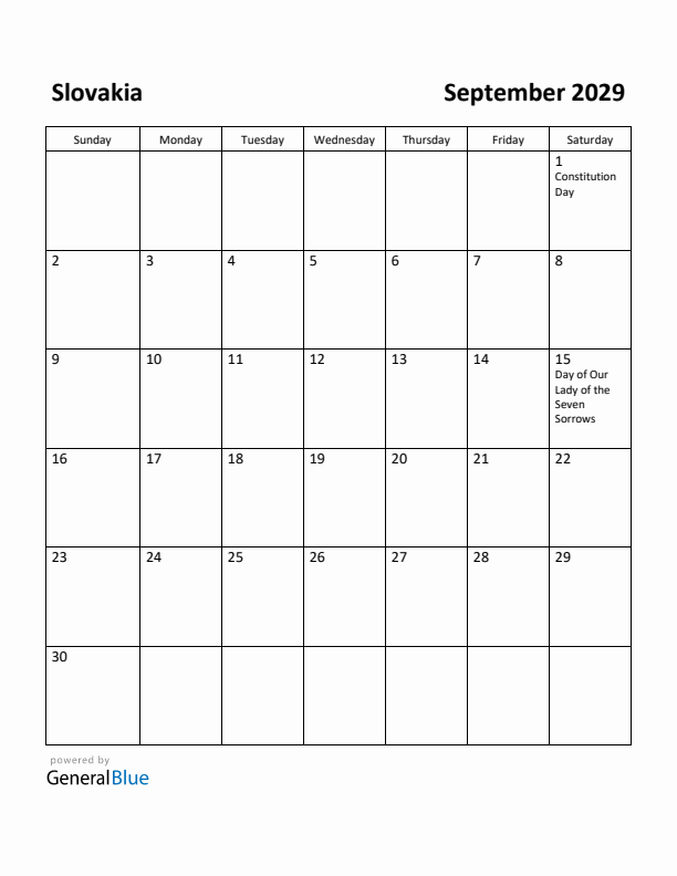 September 2029 Calendar with Slovakia Holidays