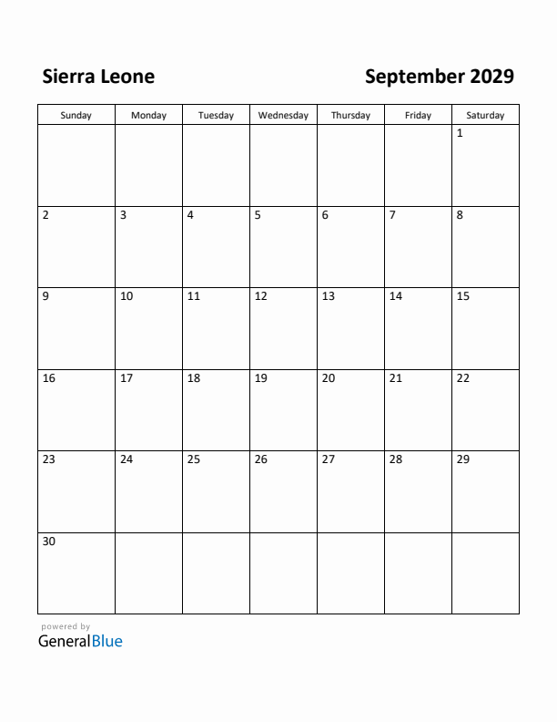 September 2029 Calendar with Sierra Leone Holidays