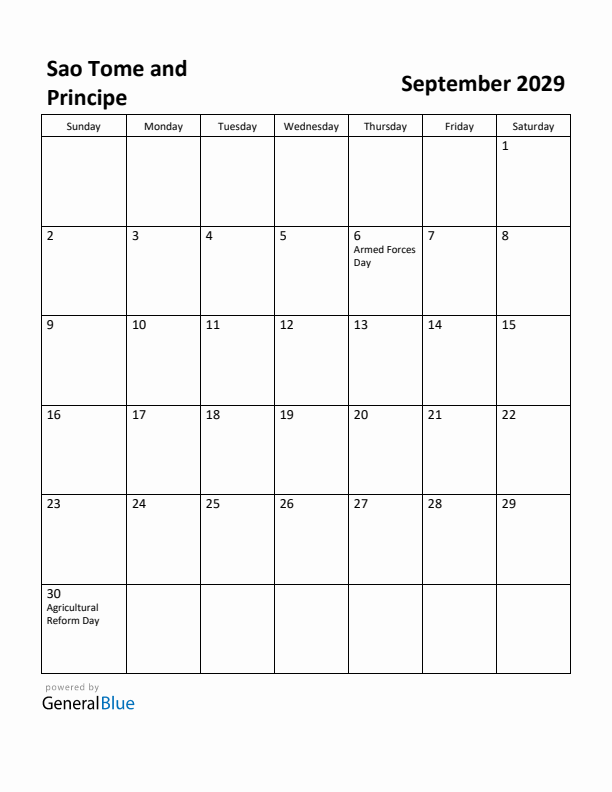 September 2029 Calendar with Sao Tome and Principe Holidays