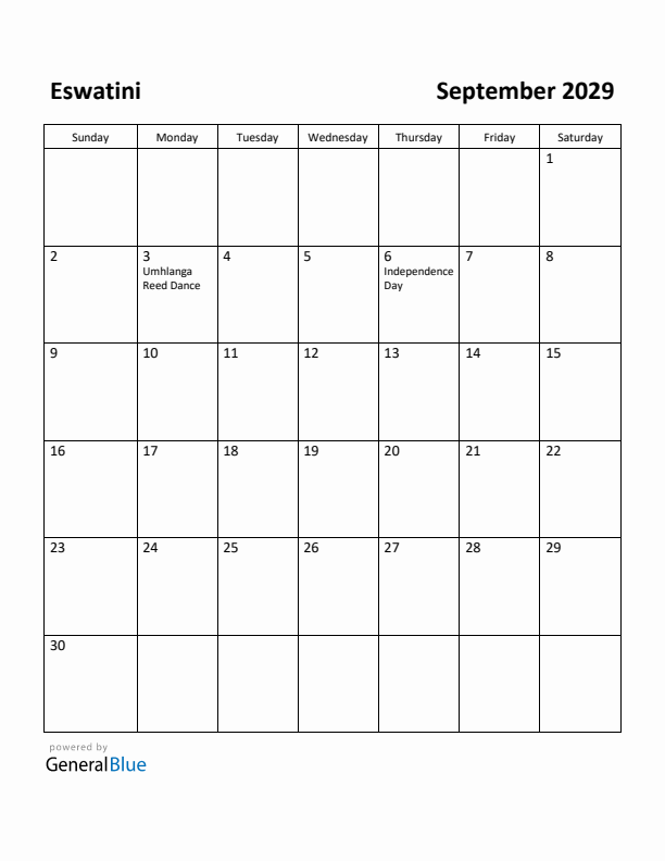 September 2029 Calendar with Eswatini Holidays