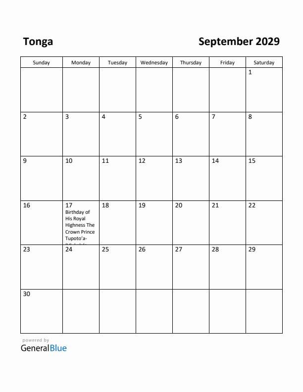 September 2029 Calendar with Tonga Holidays