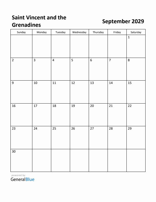 September 2029 Calendar with Saint Vincent and the Grenadines Holidays
