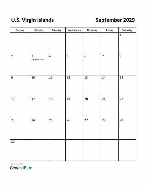 September 2029 Calendar with U.S. Virgin Islands Holidays