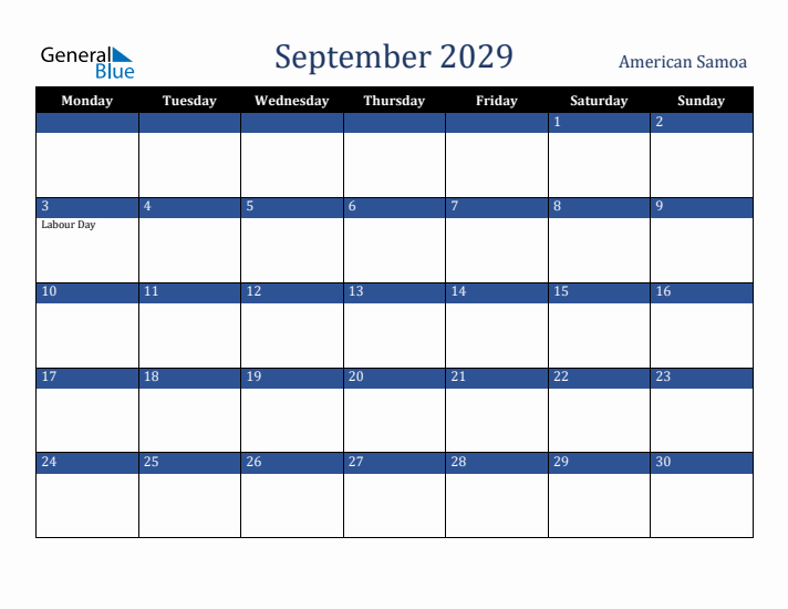 September 2029 American Samoa Calendar (Monday Start)