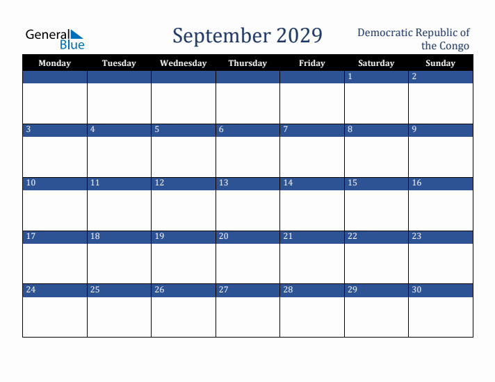 September 2029 Democratic Republic of the Congo Calendar (Monday Start)