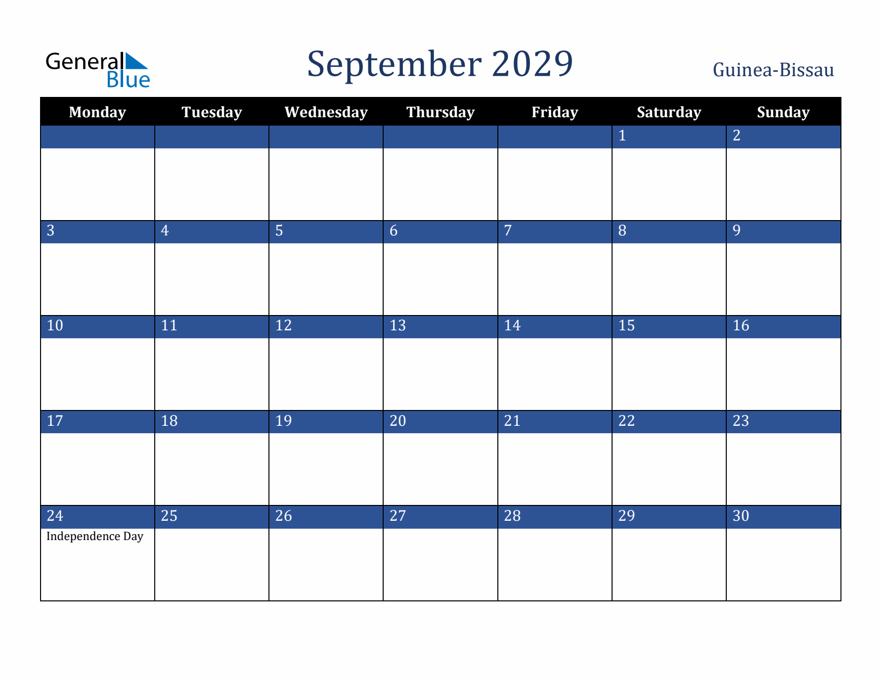 September 2029 Guinea-Bissau Calendar (Monday Start)