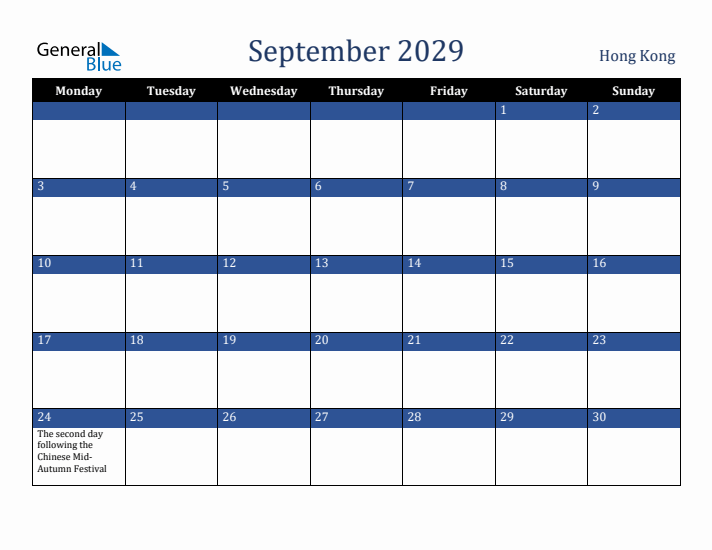 September 2029 Hong Kong Calendar (Monday Start)