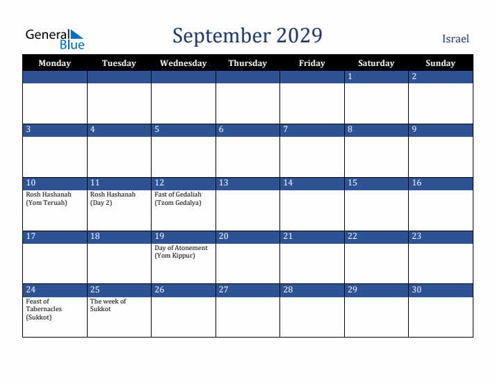 September 2029 Israel Calendar (Monday Start)
