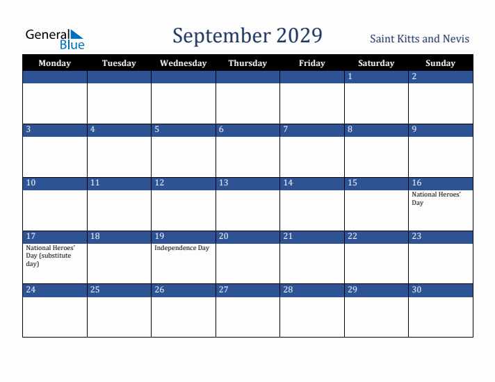 September 2029 Saint Kitts and Nevis Calendar (Monday Start)