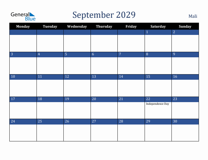 September 2029 Mali Calendar (Monday Start)