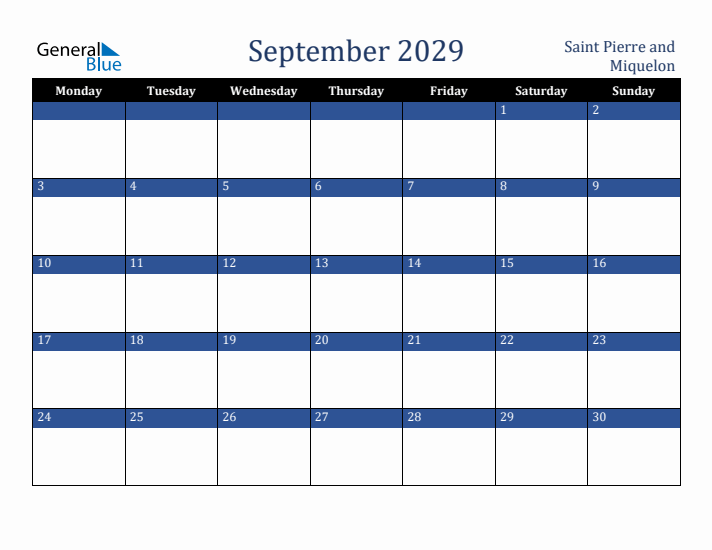 September 2029 Saint Pierre and Miquelon Calendar (Monday Start)