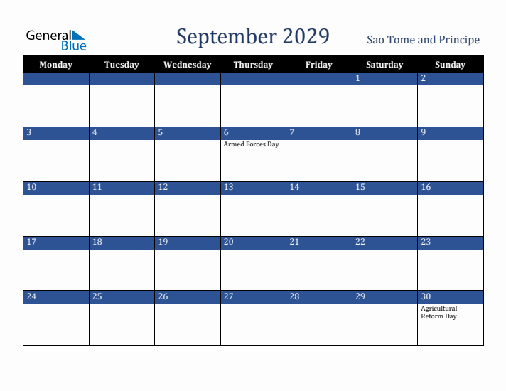 September 2029 Sao Tome and Principe Calendar (Monday Start)