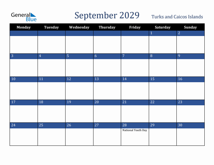 September 2029 Turks and Caicos Islands Calendar (Monday Start)