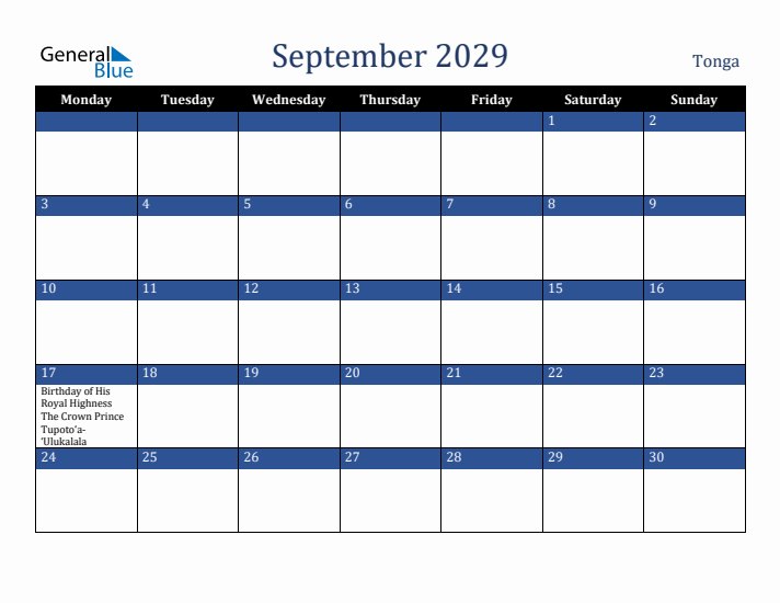 September 2029 Tonga Calendar (Monday Start)