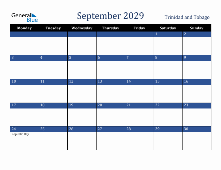 September 2029 Trinidad and Tobago Calendar (Monday Start)